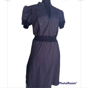 JFW Black White Pinstripe Double Breasted Style Ribbed Shirt Sleeve Dress NWOT